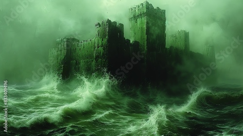 A mysterious green castle stands on a stormy sea. photo