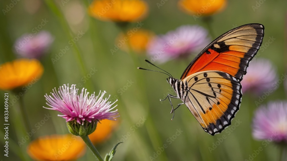Macro shot of A vibrant butterfly perched on a colorful flower. The wings of the butterfly should be open, displaying their full pattern and color. A blooming meadow with a variety of wildflowers. The Macro shot of A vibrant butterfly perched on a colorful flower. The wings of the butterfly should be open, displaying their full pattern and color. A blooming meadow with a variety of wildflowers. The