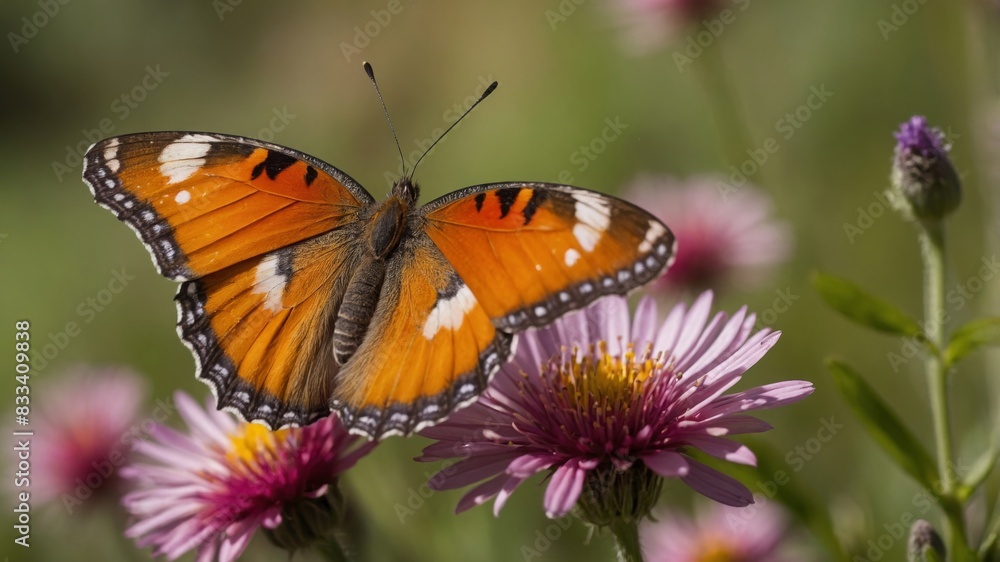 Macro shot of A vibrant butterfly perched on a colorful flower. The wings of the butterfly should be open, displaying their full pattern and color. A blooming meadow with a variety of wildflowers. The Macro shot of A vibrant butterfly perched on a colorful flower. The wings of the butterfly should be open, displaying their full pattern and color. A blooming meadow with a variety of wildflowers. The