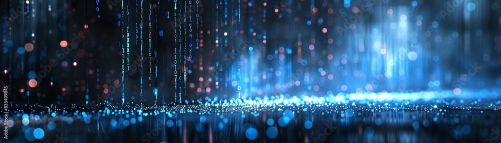 Fototapeta premium Abstract blue light bokeh background. Soft fading lights and vertical lines create a magical, dreamy, and mysterious atmosphere.