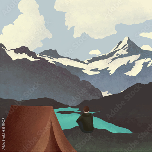 Young man sitting alone surrounding by nature illustration