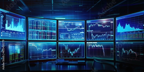 a image of a desk with multiple monitors displaying stock market data