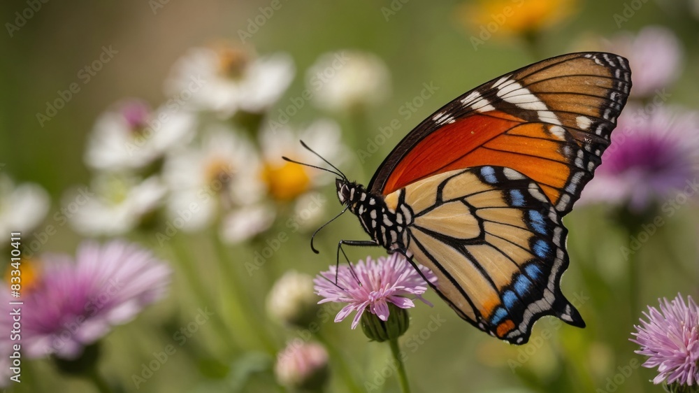 Macro shot of A vibrant butterfly perched on a colorful flower. The wings of the butterfly should be open, displaying their full pattern and color. A blooming meadow with a variety of wildflowers. The Macro shot of A vibrant butterfly perched on a colorful flower. The wings of the butterfly should be open, displaying their full pattern and color. A blooming meadow with a variety of wildflowers. The