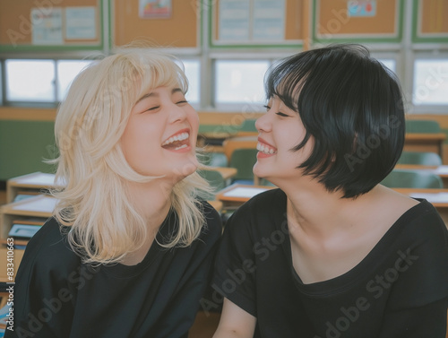 Photograph of Japanese female lesbian couple sharing laughs in a classroom