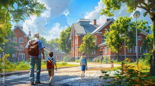 grandparents walking their grandkids to school, carrying backpacks, school building in view, sunny morning, Generated with AI photo