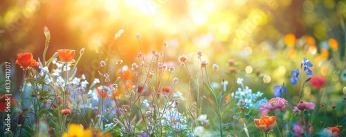 beautiful cosmos flower field, summer and spring banner, colourful flowers