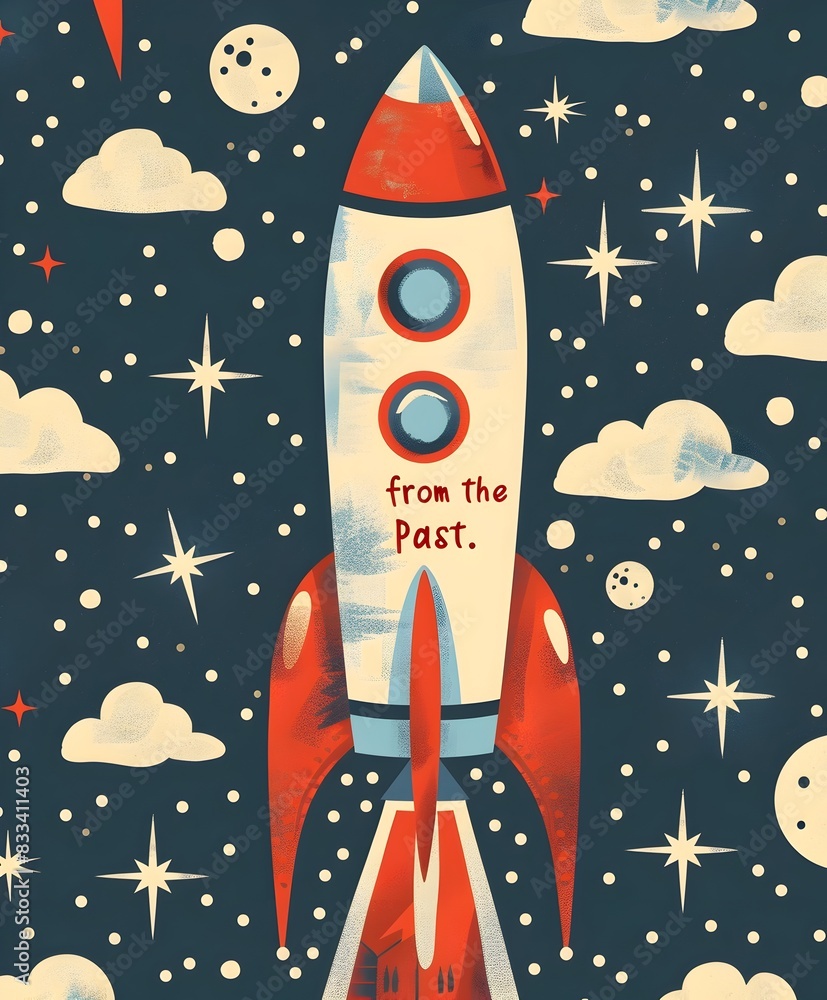 Retro Rocket Launch into Starry Night Sky with Crescent Moon Retro Rocket Launch into Starry Night Sky with Crescent Moon