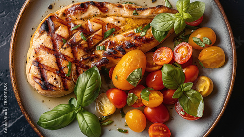 op-down photograph of a beautifully plated chicken steak accompanied by a fresh tomato salad photo