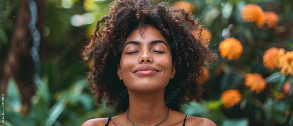 Smiling woman meditating with eyes closed in garden Smiling woman meditating with eyes closed in garden
