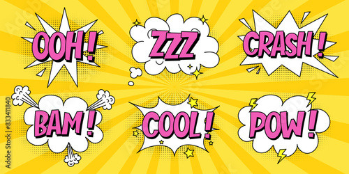 A set of speech bubbles with expressive pink lettering, clouds and explosions in a comic book style on a bright yellow background. Retro banner in pop art style with halftone shadows, doodle elements.