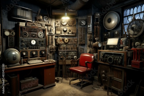 Step into a beautifully atmospheric vintage electronics workshop interior filled with retro devices, antique radios, electronic tools, and nostalgic workspace items photo