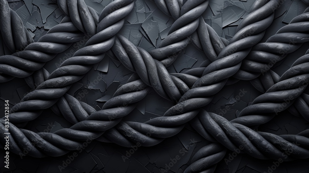 Close-up of intertwined black ropes on textured background, creating an abstract industrial pattern with strong visual lines and contrasts. Close-up of intertwined black ropes on textured background, creating an abstract industrial pattern with strong visual lines and contrasts.