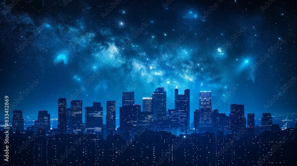 City skyline at night with a starry sky and glowing blue lights illuminating the buildings, creating a modern urban landscape. City skyline at night with a starry sky and glowing blue lights illuminating the buildings, creating a modern urban landscape.