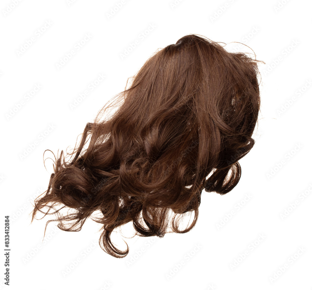 Fototapeta premium Long straight Wig brunette hair style fly from strong wind. Brunette woman wig wave hair float in mid air. Straight brunette curl wig hair wind blow storm. White background isolated