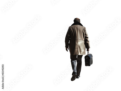 Mysteries man in trench coat walking away carrying a brief case.