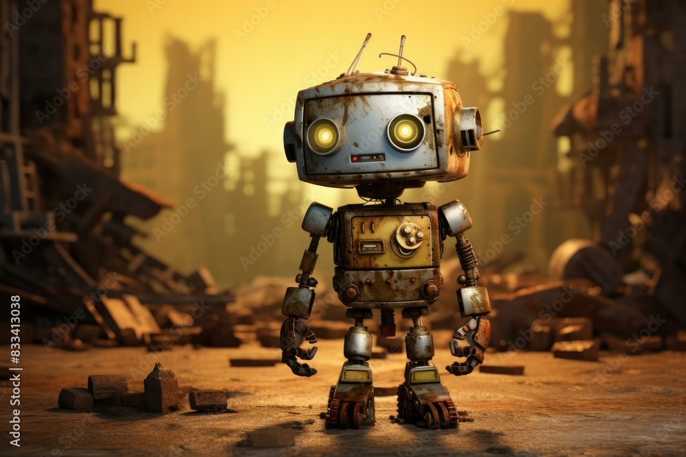 Digital art of a rusty robot standing amidst the ruins of a deserted city Digital art of a rusty robot standing amidst the ruins of a deserted city