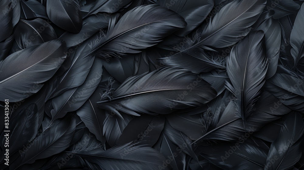Close-up of a beautiful arrangement of dark feathers, creating a detailed and intricate texture. Ideal for backgrounds and design projects. Close-up of a beautiful arrangement of dark feathers, creating a detailed and intricate texture. Ideal for backgrounds and design projects.