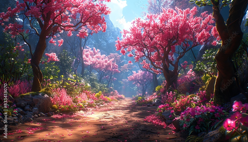 A magical forest path lined with blooming pink trees.