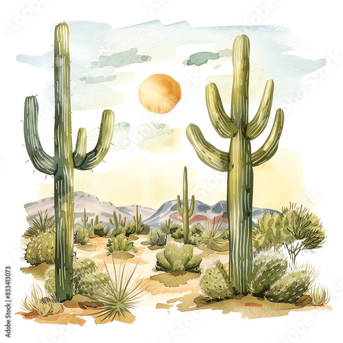 Saguaro cactus watercolor painting of the Sonoran Desert, featuring two giant saguaro cacti, with a bright sun in the background. photo