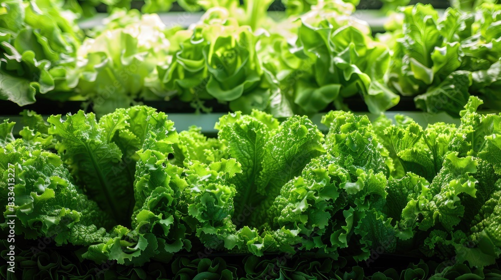 Mass production of green vegetables in a controlled environment on a modern vertical farm. Automated room with controlled levels of air temperature, light, water and humidity for optimal growth Mass production of green vegetables in a controlled environment on a modern vertical farm. Automated room with controlled levels of air temperature, light, water and humidity for optimal growth