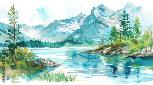 The image shows a beautiful mountain lake with crystal clear water surrounded by snow-capped mountains and lush green forests.