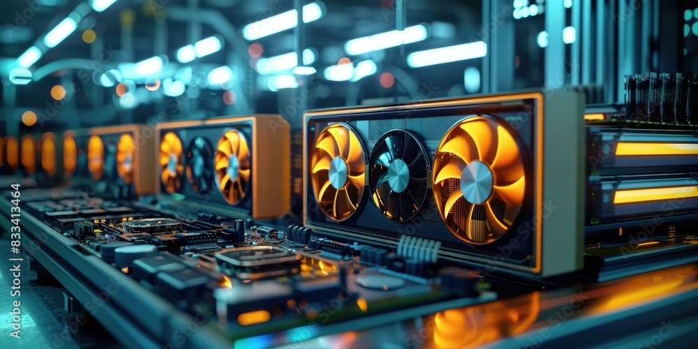 Naklejka premium Bitcoin Mining Rig with Cooling Fans