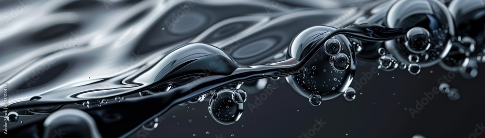 Close-up of black water surface with bubbles, showcasing abstract liquid texture and reflective elements in a dark setting.