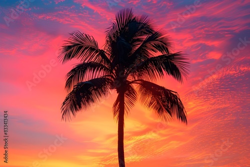Serene Tropical Sunset with Silhouetted Palm Tree Against Vibrant Sky © Kwanjira