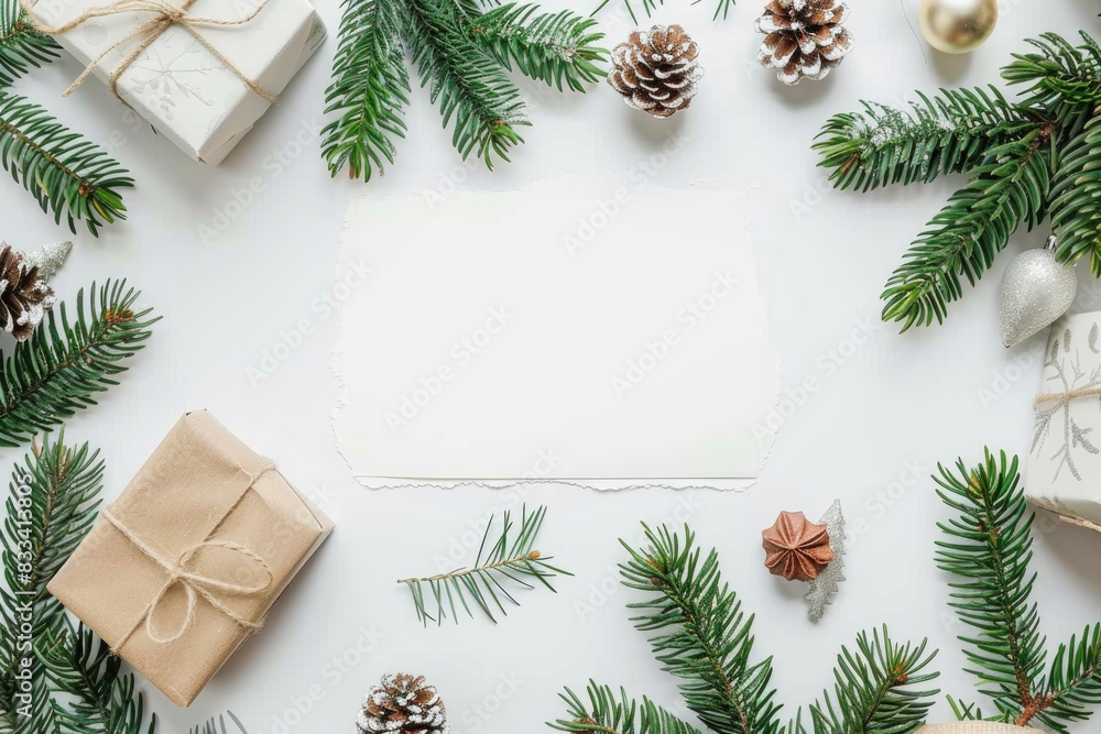 Festive Christmas Composition with Blank Card, Gifts, and Decorations Festive Christmas Composition with Blank Card, Gifts, and Decorations