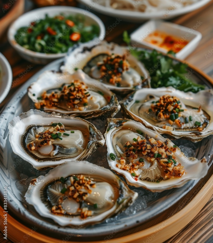 Platter of Oysters on Wooden Table Platter of Oysters on Wooden Table