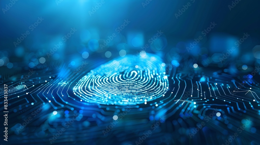 Digital Fingerprint Scan in Shiny Blue on Blue Background Digital Fingerprint Scan in Shiny Blue on Blue Background