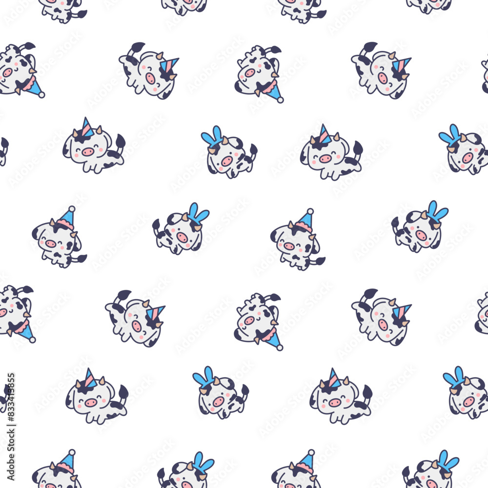Fototapeta premium Cute kawaii baby cow. Seamless pattern. Cartoon farm animal character in different poses. Hand drawn style. Vector drawing. Design ornaments.