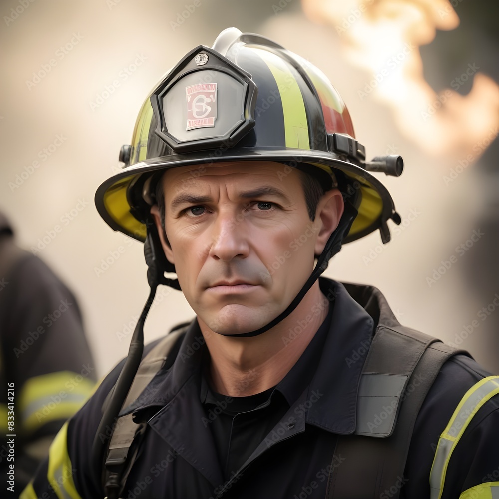a fireman wearing a firefighter uniform. a fireman wearing a firefighter uniform.