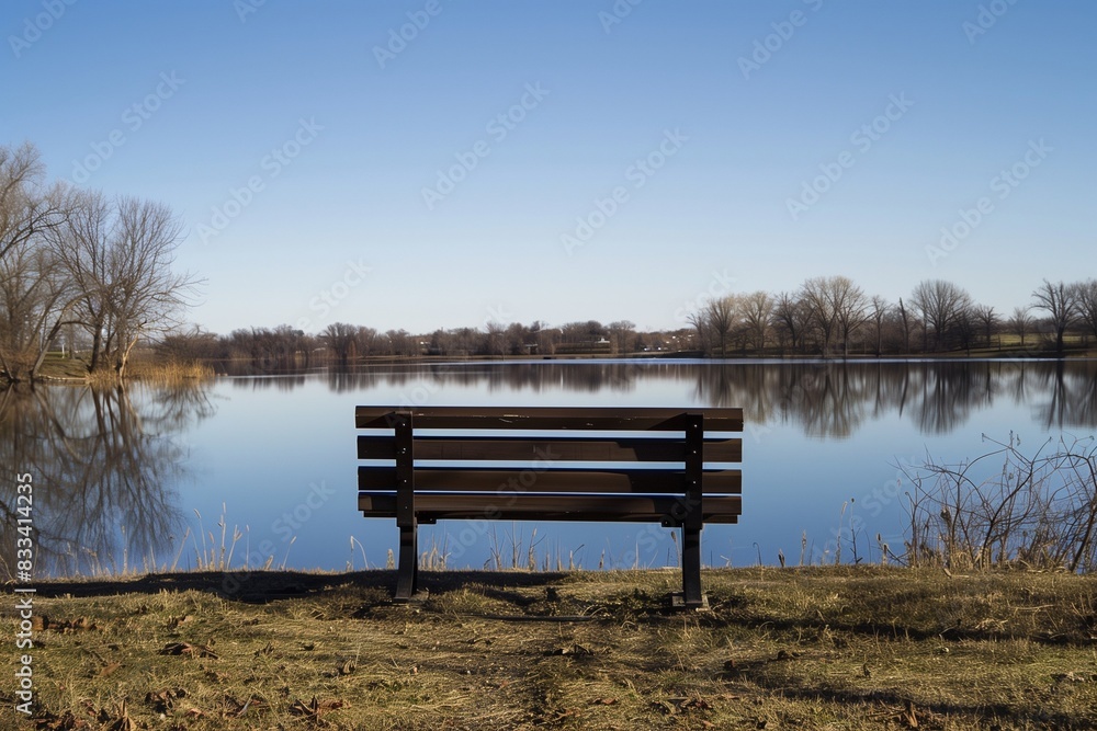 A solitary park bench facing a calm lake, reflecting the clear sky above.