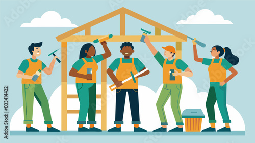 With tools in hand the volunteer team carefully measures and s wood for the frame of the house.. Vector illustration