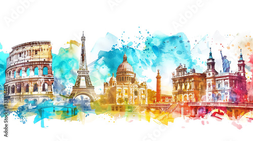 Watercolor painting of famous landmarks around the world.