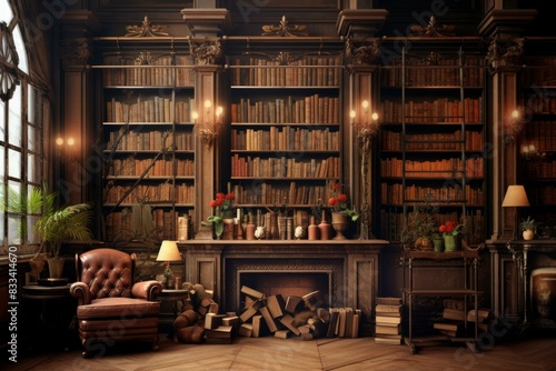 Classic home library with fireplace, leather armchair, and wood bookshelves full of books