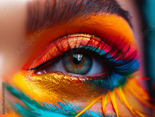 A close-up shot of a woman's eye with vivid and elaborate makeup, reminiscent of a vibrant tropical sunset. Ai generated