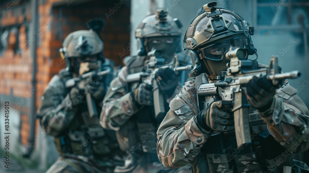 A military special force team conducting a covert operation in a dense jungle at dawn. Ai generated A military special force team conducting a covert operation in a dense jungle at dawn. Ai generated