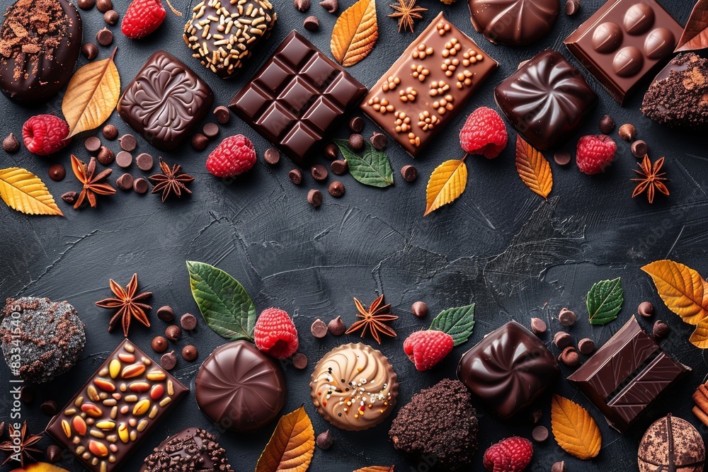 Appetizing chocolates around the perimeter, top view, space for text in the center Appetizing chocolates around the perimeter, top view, space for text in the center