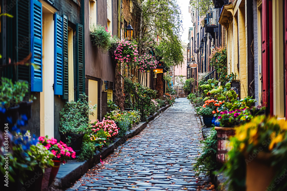 A charming cobblestone alleyway lined with historic buildings and colorful flower boxes, perfect for capturing the essence of old-world charm. A charming cobblestone alleyway lined with historic buildings and colorful flower boxes, perfect for capturing the essence of old-world charm.