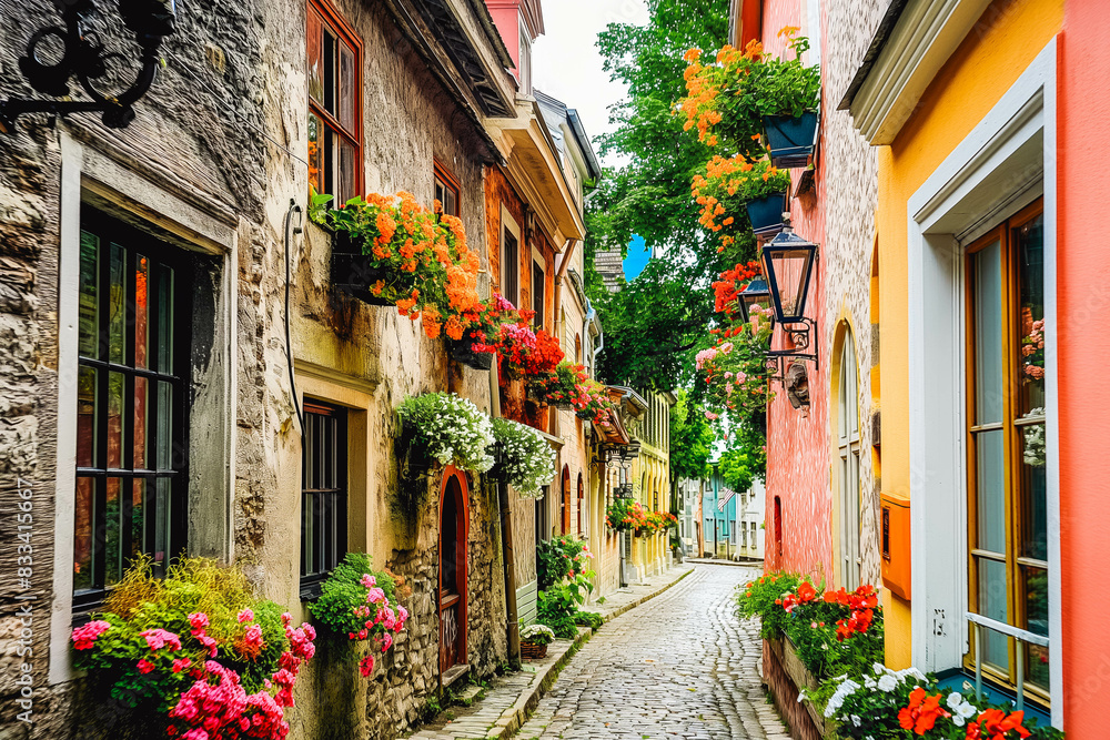 Fototapeta premium A charming cobblestone alleyway lined with historic buildings and colorful flower boxes, perfect for capturing the essence of old-world charm.