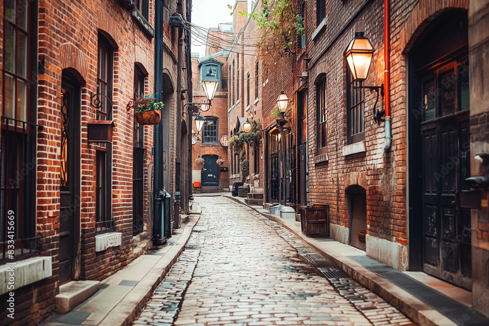 Fototapeta premium A charming cobblestone alleyway lined with historic buildings and vintage street lamps, evoking a sense of old-world charm.