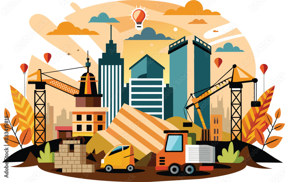 Naklejka premium Construction site banner, flat illustration, vector illustration.