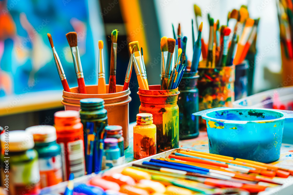 A collection of colorful art supplies arranged on a table, inspiring creativity and artistic expression. A collection of colorful art supplies arranged on a table, inspiring creativity and artistic expression.