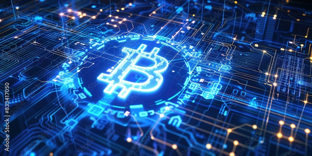 Fototapeta premium a image of a bitcoin on a circuit board with blue lights