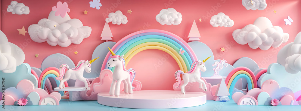 Whimsical 3D illustration of a magical unicorn and rainbowfilled dreamscape Whimsical 3D illustration of a magical unicorn and rainbowfilled dreamscape