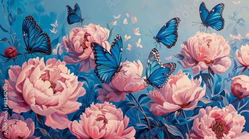 Wallpaper Mural Vibrant blue butterflies fluttering over lush pink flowers in a serene, blossoming garden with a clear blue sky background. Torontodigital.ca