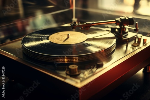 Close-up of a classic turntable playing a vinyl record, illuminated by soft, ambient light