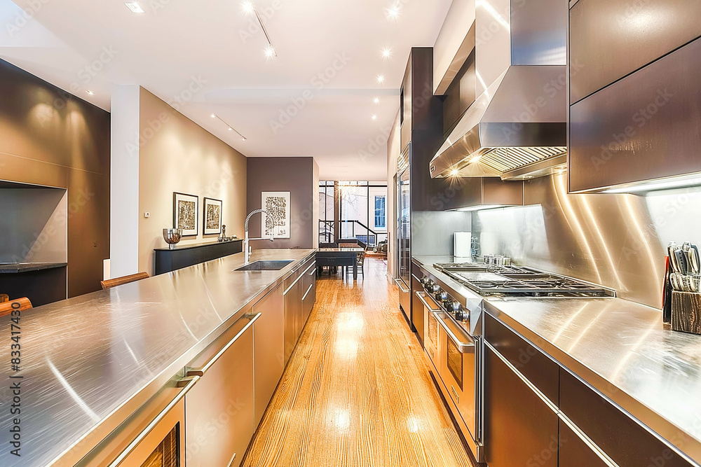 A modern kitchen with sleek countertops and stainless steel appliances, perfect for showcasing the latest in culinary design. A modern kitchen with sleek countertops and stainless steel appliances, perfect for showcasing the latest in culinary design.